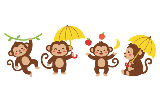 Set of cute monkey characters with yellow umbrella and red apple flat vector