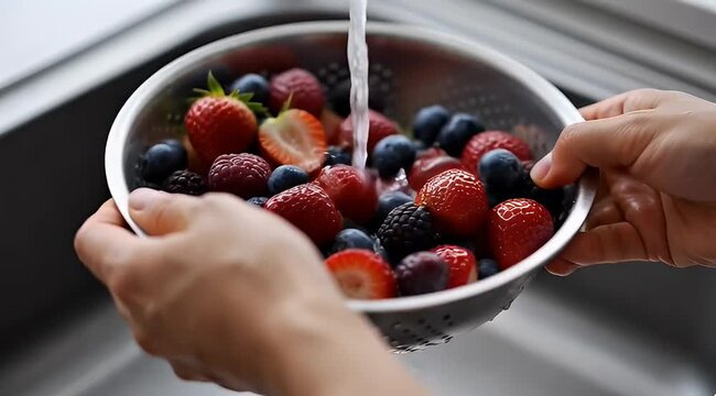 Assorted berries being washed under running water in a steel colander