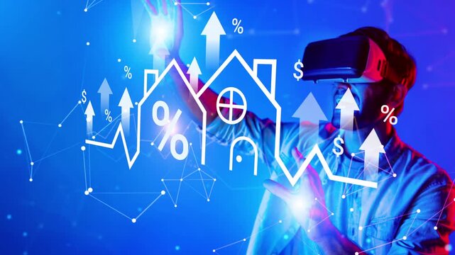 Young man uses virtual reality goggles to visualize real estate market trends with digital graphics in a futuristic environment, exploring new opportunities Gluon.