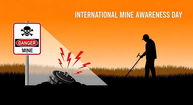 International mine awareness day illustration with warning sign and detectorist
