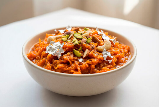 Traditional Gajar ka Halwa carrot pudding in white bowl with nuts and silver leaf on minimal white background for Diwali