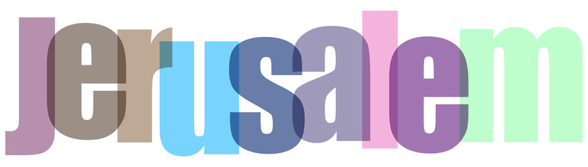 Jerusalem text with overlapping colorful letters, creating a modern and vibrant typography design on a clean white background, ideal for travel or cultural themes. © Stocker Man