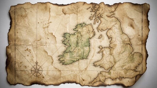 An antique, burnt-edged parchment map depicting the British Isles and Ireland with a compass rose, evoking a sense of history and exploration.