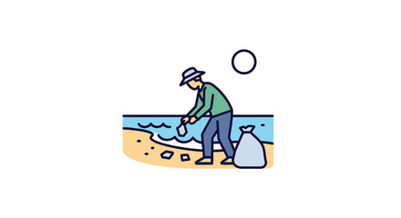 Fototapeta premium A man in a green shirt and hat collects trash on a beach with a bag beside him in a minimalist illustration.