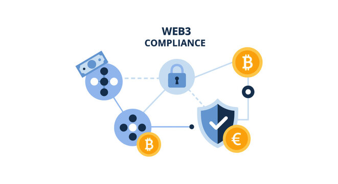 Web3 Compliance and Regulation Concept. Decentralized Finance (DeFi) Security, Blockchain Network, Cryptocurrency, and Legal Framework Diagram.