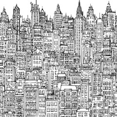 Obraz premium Intricate black and white line art drawing depicting a dense sprawling cityscape filled with diverse architectural styles of tall buildings and skyscrapers creating a classic