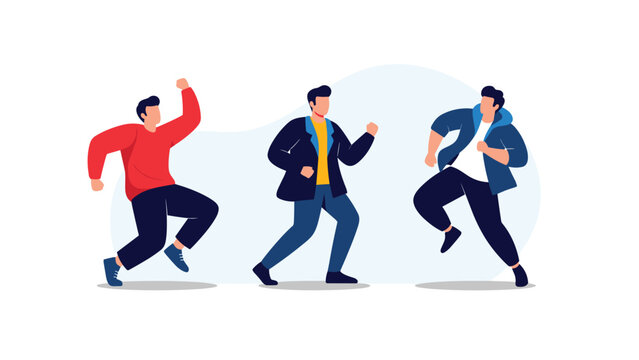 Three happy young men dancing together in a celebration of joy and success against a clean white background with abstract shapes.