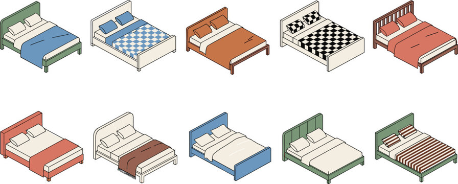 Various Bed Designs with Different Styles and Bedding for Bedroom Furniture and Interior Design Illustrations