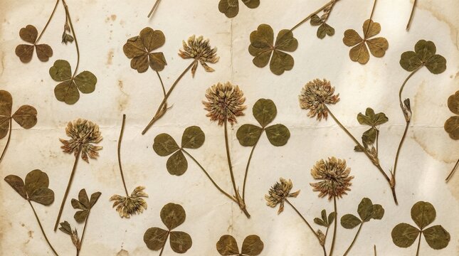 Close-up of pressed clover leaves and flowers on aged paper, showcasing a vintage botanical collection.