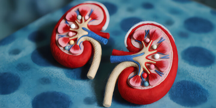 Detailed model of human kidneys showing internal structure with blood vessels and nephrons on a blue textured background