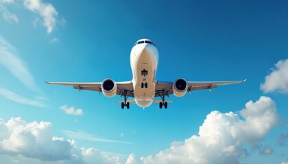 Obraz premium Commercial jet airplane flies forward in clear blue sky with white clouds below. Aircraft with passenger cabin and engines ascends high above, symbolizing journey and global exploration.