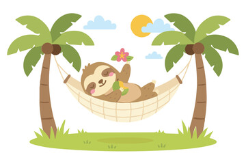 Fototapeta premium Adorable sloth sleeping on a hammock between palm trees flat vector