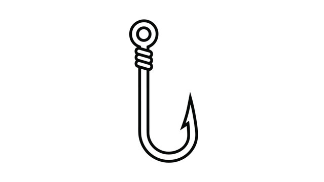 Simple black outline of a sharp fishing hook for angling and aquatic outdoor recreation concepts on white background.