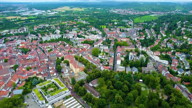 Aerial view above the old town of the city Durlach beside Karlsruhe on a cloudy noon in spring in Germany, Baden-W&uuml;rttemberg.
