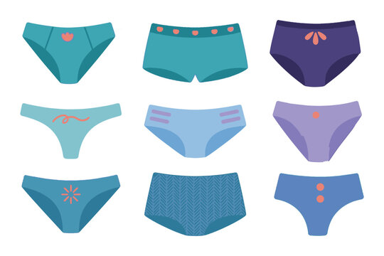 Set of various women underwear and panties in blue and purple flat vector