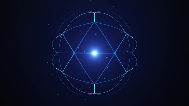 Futuristic wireframe geometric shape with glowing center on dark background. Abstract tech animation with blue light, minimal digital structure and sci fi motion. 4k 60 fps.