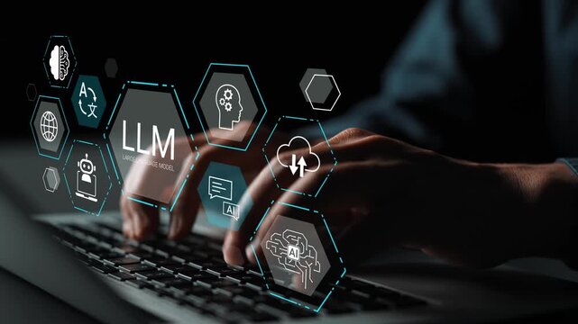 Hands typing on keyboard with digital graphics representing machine learning, artificial intelligence, language model, technology, and data analysis on screen Gluon.