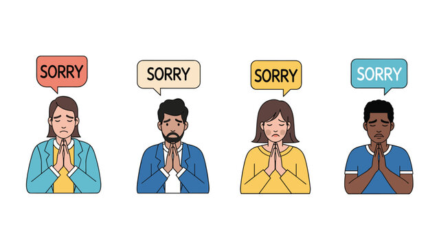 Group of diverse people with their hands pressed together in a prayer gesture and speech bubbles saying sorry for their mistakes.