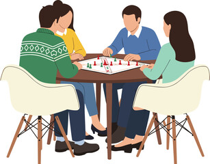 Fototapeta premium Friends Playing Board Game Together at Table, Social Gathering Activity with People Enjoying Strategy Game Night Indoors Vector Illustration