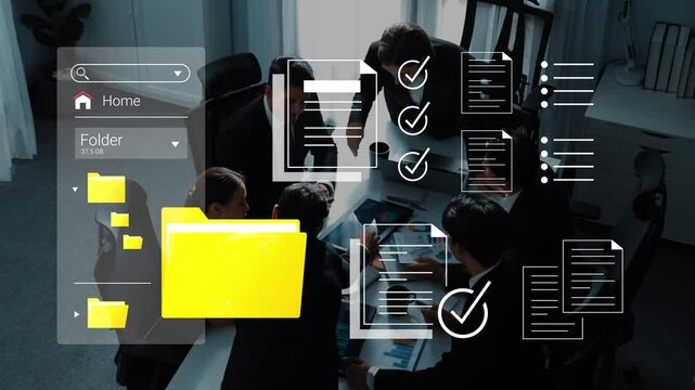 Business Meeting with Digital Interface and Document Management Concepts in Modern Office Setting Gluon.