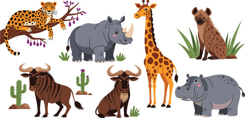 African Safari Animal Vector Set Featuring Leopard, Rhinoceros, Giraffe, Hyena, Hippopotamus, and Wildebeest with Nature Elements for Wildlife Illustration and Educational Designs © MstMinara