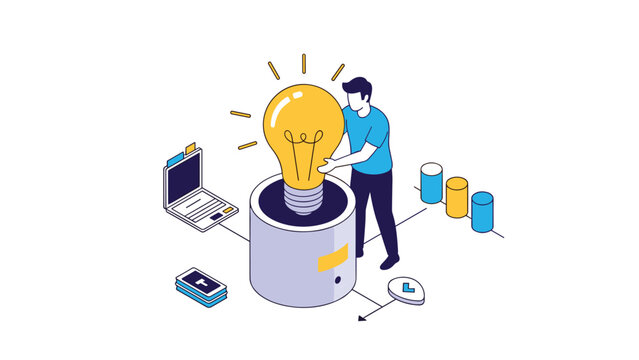 Innovative man putting a glowing light bulb into a container to symbolize generating new business ideas and data driven strategies.
