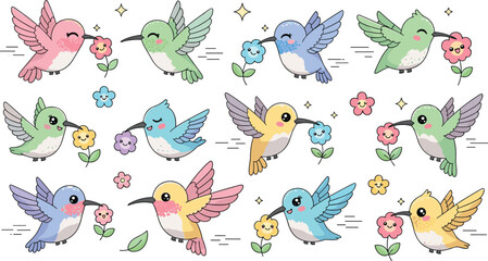 Cute colorful hummingbird cartoon character collection flying with flowers adorable tiny birds spring nature wildlife vector illustration set for kids stickers nursery design © Shefali