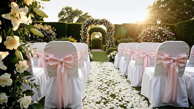 An elegant arrangement of white wedding chairs with white covers and decorative sash bows, lined up in rows, awaiting guests for beautiful ceremony