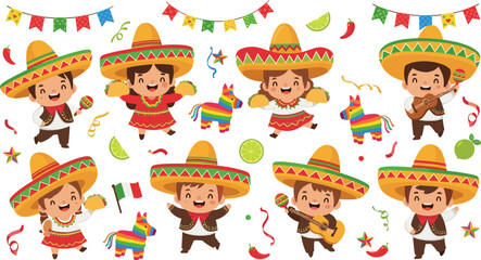 Obraz premium Cute Mexican Fiesta Cartoon Character Vector Set with Sombrero Kids, Tacos, Guitar, Pinata and Traditional Celebration Elements