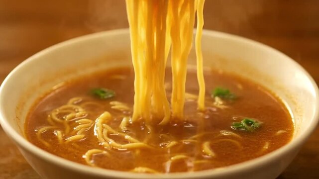 Chopsticks delicately lift steaming hot ramen noodles from a bowl, revealing the rich, savory broth and enticing texture, a comforting and popular Asian culinary experience