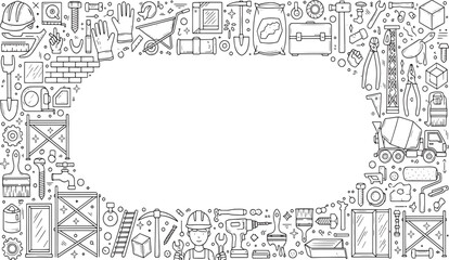 Obraz premium Building construction tools and equipment frame border for architecture renovation project engineering maintenance repair hand drawn vector illustration doodle art