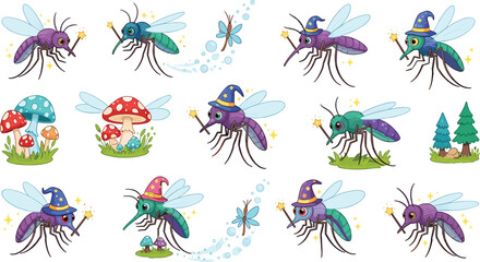 Cute magical mosquito wizard cartoon character collection with magic wand hat sparkles mushrooms and fantasy forest elements colorful vector illustration set for kids design © Shefali
