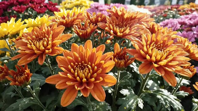beautiful variety of potted chrysanthemums (mums) in full bloom, displayed for sale, captured with Canon 5D Mark IV camera, highlighting their vibrant colors and lush foliage