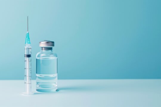 Vaccine syringe and vial on blue background, immunization awareness concept
