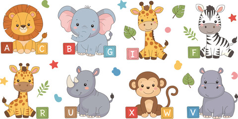 Cute Animal Characters Set with Lion, Elephant, Giraffe, Monkey, Zebra, and Rhino, Featuring Alphabet Blocks and Fun Icons for Kids' Educational Projects
