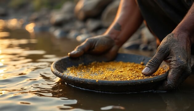 Person uses pan to sift gold dust from river water. Dirty hands work in shallow stream searching for precious metal. Traditional alluvial mining at sunset.