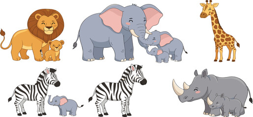 Cute Animal Families Set with Lion, Elephant, Giraffe, Zebra, and Rhino with Babies for Kids' Education, Nursery, and Animal-Themed Design Projects © MstMinara