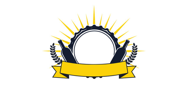 Vintage emblem for beer or wine with two bottles sunburst rays laurel wreath and blank yellow ribbon for text.