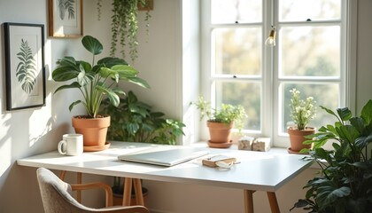 Fototapeta premium Bright home office by window with desk, laptop and plants. Minimalist interior design promotes remote work and study. Natural light creates cozy, productive atmosphere.