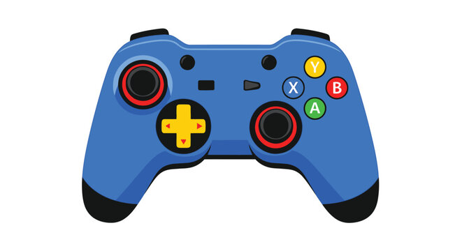 Blue gamepad with colorful buttons and joysticks for gaming