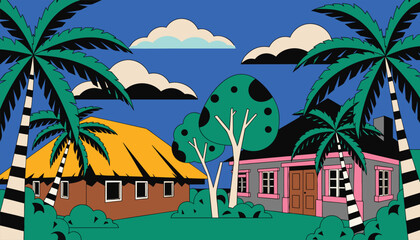 Obraz premium A retro pixel art scene featuring a tropical village with palm trees and houses under blue skies