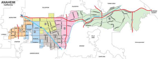 Obraz premium Administrative and roadmap of Anaheim, Orange County, California, United States