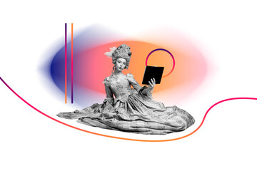Creative sketch image art collage of serious duchess girl hold book read novel bookwork hobby education concept royal princess © deagreez