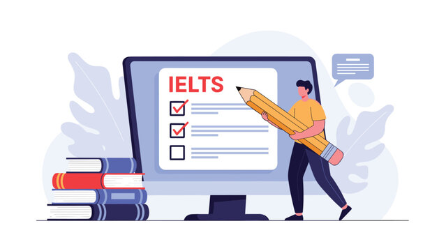 Student with a giant pencil checking off boxes on a large computer screen for an IELTS language proficiency test preparation.
