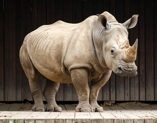 Obraz premium White Rhinoceros Standing on Stone Floor.