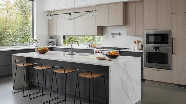A modern kitchen with a large island, marble countertop, and wooden stools