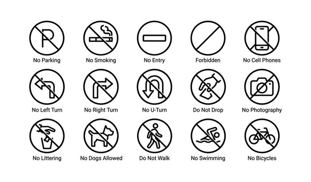 Collection of prohibition signs with various restrictions and actions