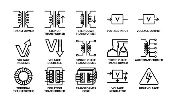 Electrical symbols for various transformers and voltage indicators