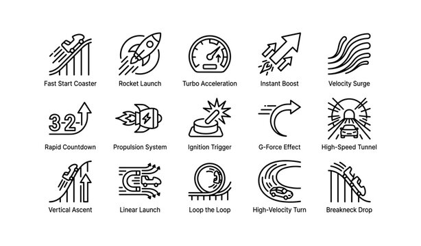 Black and white roller coaster and rocket launch icons set