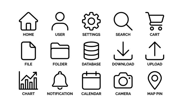 Minimalist icons for home, user, settings, search, and more